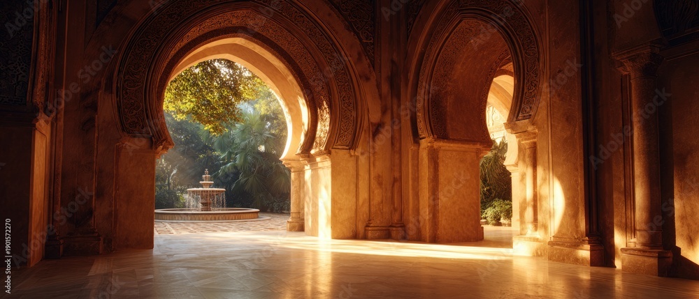 Fototapeta premium A serene and historic courtyard with arched doorways and a fountain in the background