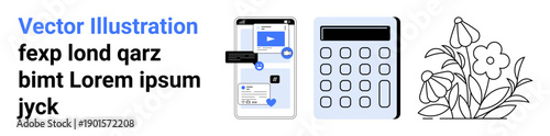 Digital apps, finance tools, user interfaces, floral styles, decoration, and art. Smartphone screen with app elements, a calculator and flower line art. Digital apps and finance tools context