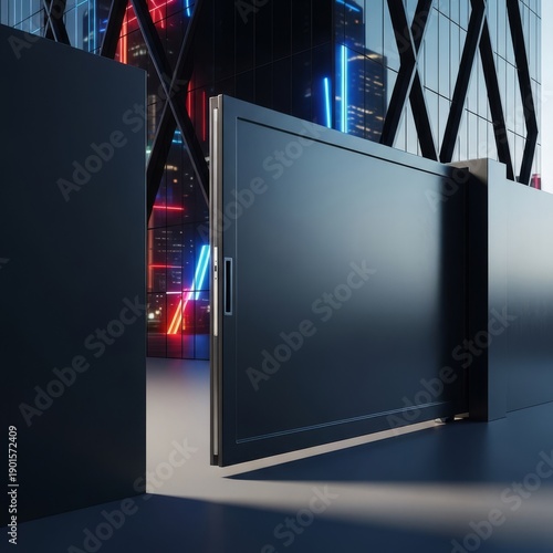 Sleek anthracite sliding gate securing a cutting-edge glass facade building designed with strong, dark cyber architectural lines, contemporary, sliding, dark