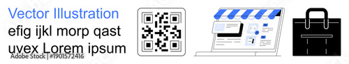 E-commerce, digital identification, business tools, QR code scanning, technology integration, online shopping. QR code, online storefront and briefcase icons. E-commerce and digital identification