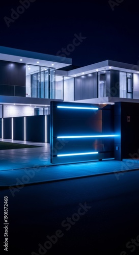 Sleek, futuristic mansion exterior at night, protected by a massive, high-tech anthracite sliding security gate and dark perimeter fence, modern, Mansion, architecture