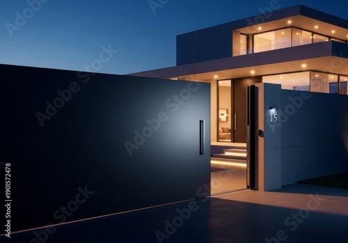 Cinematic night view of a sleek anthracite sliding fence, securing a futuristic minimalist residence with dramatic, upscale lighting, barrier, sleek, property