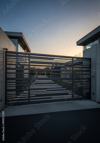 Dramatic oversized anthracite sliding security gate entrance emphasizing exclusivity and high-end architectural design, architecture, barrier, dramatic