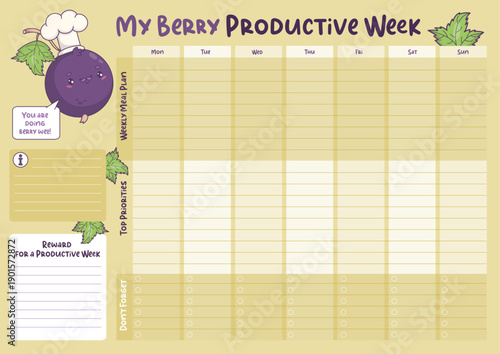 Productive Week Meal Planner. Weekly Kitchen Organizer with Cute Kawaii Blackcurrant Male Chef Character. Printable Green Landscape Menu Schedule and Habit Checklist. Horizontal Vector Illustration