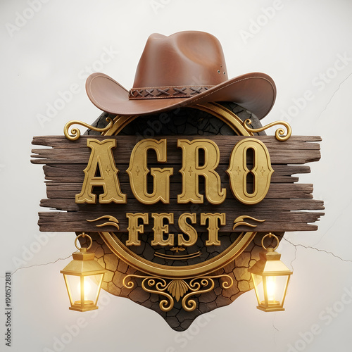 Agro Fest Logo Design With Stylish Cowboy Hat And Ornate Gold Frames