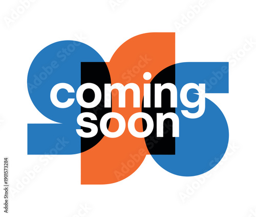A colorful graphic design with the words 'coming soon' in white text on a blue and orange background