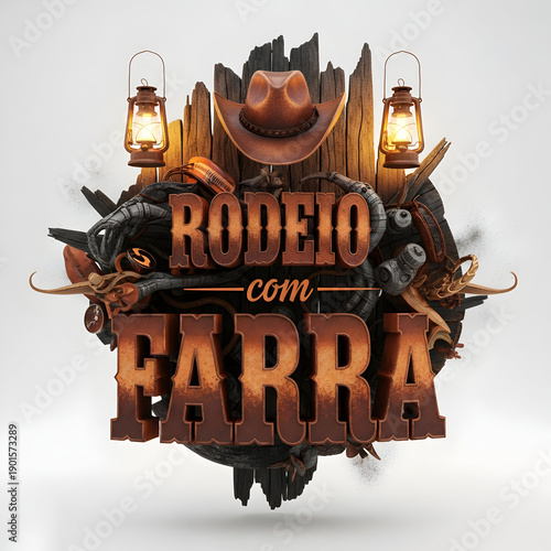 Rodeio Com Farra Logo With Cowboy Hat Lanterns And Rustic Wood Elements
