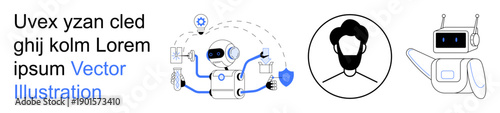 Artificial intelligence, cybersecurity, digital identity, technology innovation, robotics, data protection. Illustration of a robot interacting digitally and human profile icon. Artificial