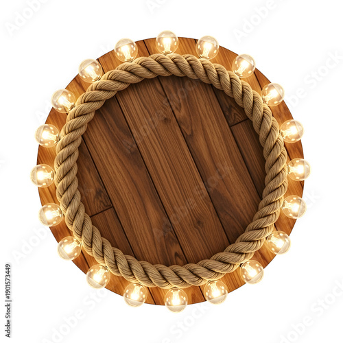Circular Wooden Signboard Mockup With Rope Border And Bright Glowing Light Bulbs