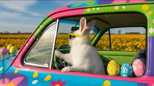 White rabbit in sunglasses driving colorful vintage car with Easter eggs through yellow flower field under blue sky for holiday celebration