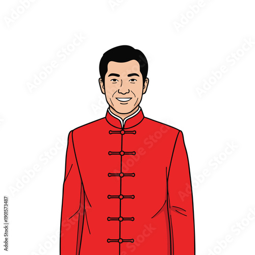 Happy man wearing traditional chinese red tang suit