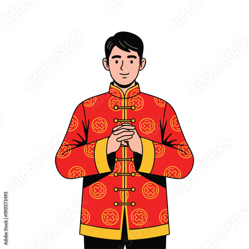 Man wearing traditional Chinese new year clothing bowing