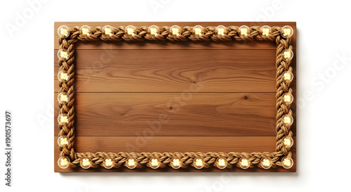 Rustic Wood Plank Background With Decorative Rope And Glowing Vintage Light Bulbs