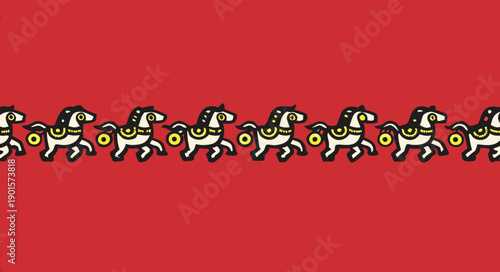 Vector horse pattern, equestrian border design, red and white horse illustrations for banner or poster, isolated on transparent background, png