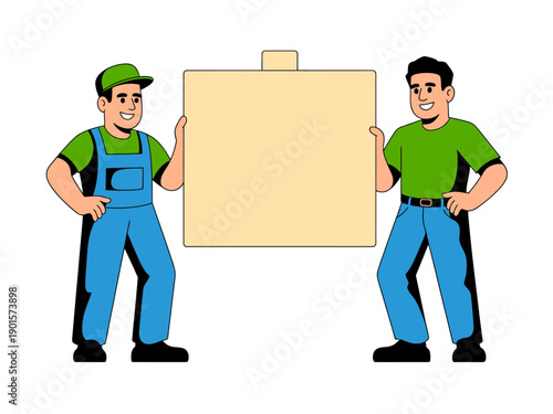 Two men in green shirts and blue overalls holding a large blank sign for advertising or messaging