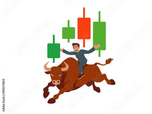 A man riding a bull with rising stock market charts in the background, symbolizing financial success and market growth.