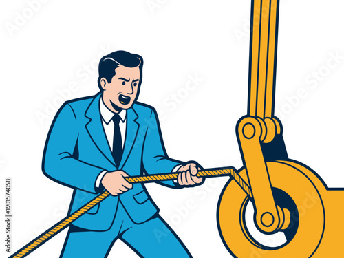 A cartoon businessman in a blue suit pulling a large yellow rope attached to a pulley system