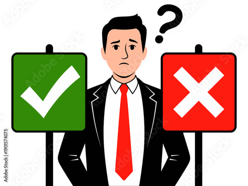 A confused businessman stands between a green checkmark and a red X sign, symbolizing decision making and uncertainty.