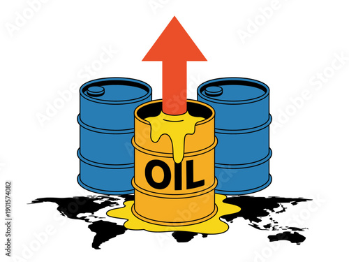 A vector graphic illustration of oil barrels with an upward arrow indicating rising oil prices