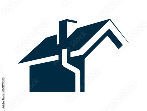 A simple graphic illustration of a house with a chimney and gutter system