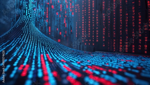 Abstract digital data stream flowing with binary code and red characters on a dark background