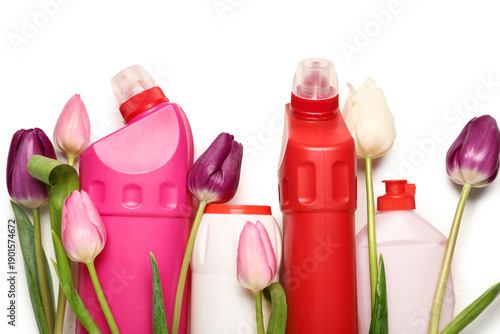 Bottles of detergents with ...