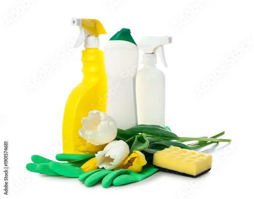 Bottles of detergents with ...