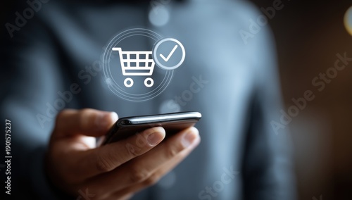 a person holding their phone with an icon of a shopping cart and a checkmark floating above it, indicating modeling for online grocery services Generative AI