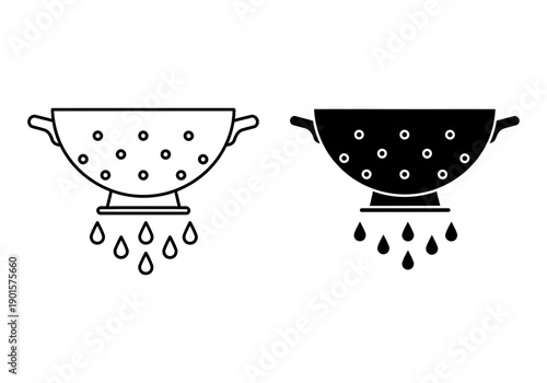 Two colanders are depicted, one with an outline and the other in silhouette, with water droplets falling from each.