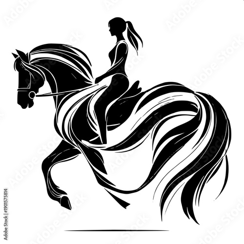 Minimal white silhouette illustration showing horse profile blended with woman portrait, long wavy hair flowing, black solid background, clean vector design