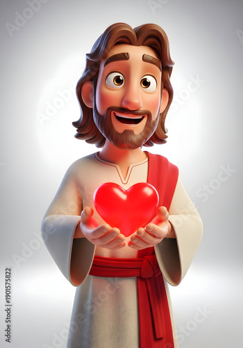 Friendly Cartoon Style Jesus Christ Holding A Glowing Red Heart With Divine Love