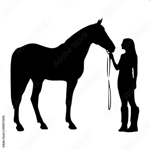 Minimal white silhouette illustration showing horse profile blended with woman portrait, long wavy hair flowing, black solid background, clean vector design