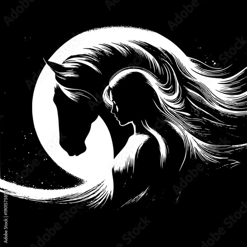 Minimal white silhouette illustration showing horse profile blended with woman portrait, long wavy hair flowing, black solid background, clean vector design
