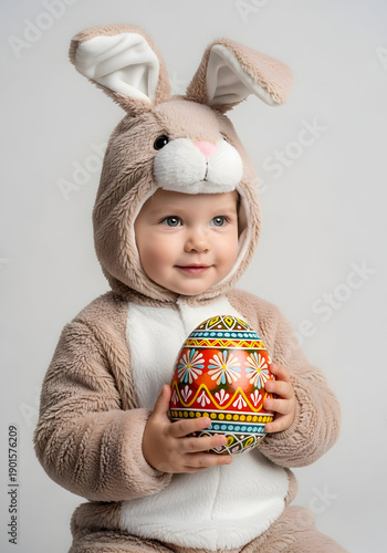 Cute Caucasian Baby Boy Wearing Rabbit Ears Costume Playing With Large Egg