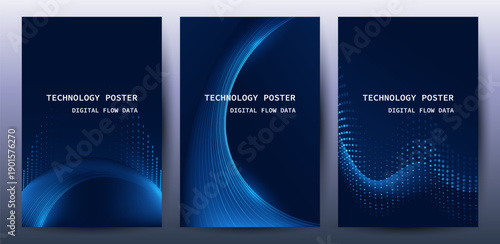 Technology Banner Poster set. Futuristic digital data wave glowing lines. Data science concept tech banner, corporate business presentation or booklet technology