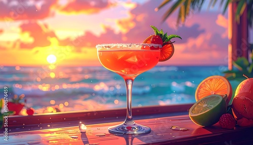 A vibrant cocktail, garnished, sits on a wooden bar overlooking a sunlit ocean at sunset. Palm fronds frame the scene