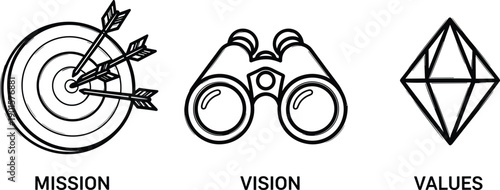Mission, Vision, and Values icons representing corporate strategy and goals with target, binoculars, and diamond symbol