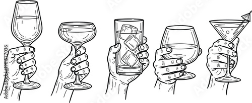 Hands holding various glasses with drinks from different angles and perspectives