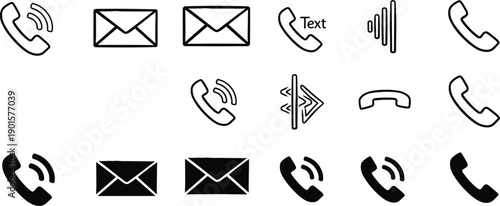 Collection of various phone, email, and communication icons in different styles and line weights displayed together