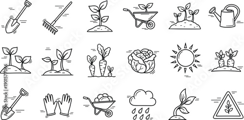 Gardening icons set illustrating various tools and activities related to plant care and cultivation from a straightforward viewpoint
