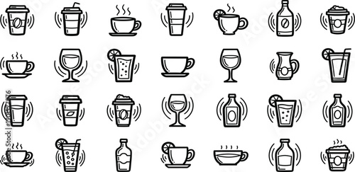 Collection of various beverage icons including coffee, tea, and cocktails in a grid pattern