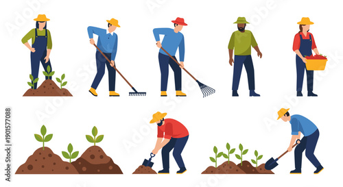 A set of flat vector illustrations depicting people engaged in various gardening activities with tools and plants