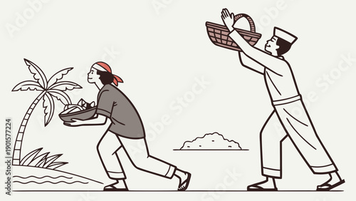 Balinese People Carrying Ceremonial Offerings, Traditional Daily Life in Bali