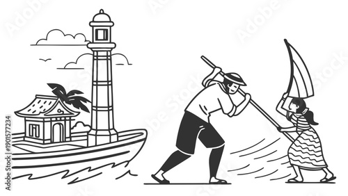 Traditional Balinese Fishermen or Sailors with Boat and Lighthouse Background
