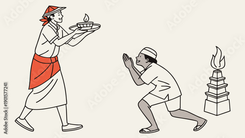 Balinese Religious Ritual with Fire Offering, Traditional Ceremony Illustration