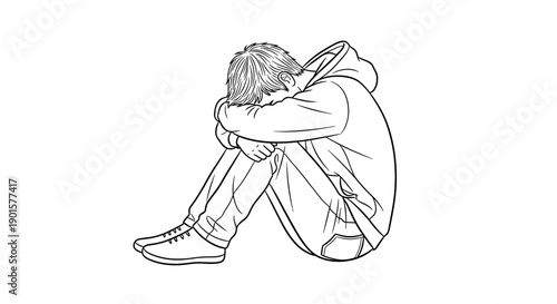 A minimalist line art illustration of a sad person sitting alone in a dejected pose