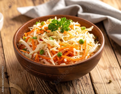 A vibrant coleslaw salad rests in a wooden bowl atop a rustic, wooden surface, garnished with fresh parsley. A linen napkin is alongside