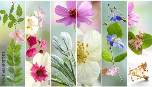 A vibrant collage of various floral elements, showcasing diverse blossoms, buds, and delicate foliage arranged vertically