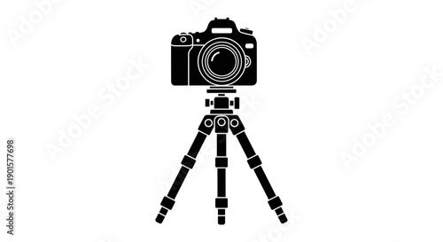 A minimalist vector graphic of a black camera on a tripod against a white background