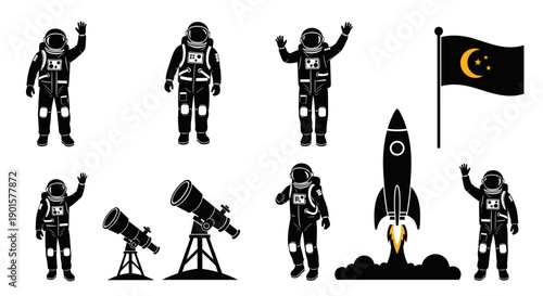 A set of black silhouettes depicting astronauts and space-related icons on a white background